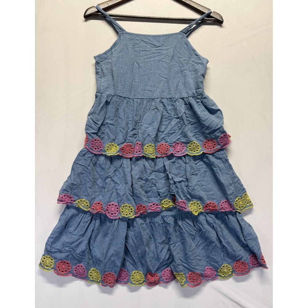 Old Navy Tiered‎ Dress Girls XL (14-16) Blue Eyelet Trim Square Neck Relaxed Fit
